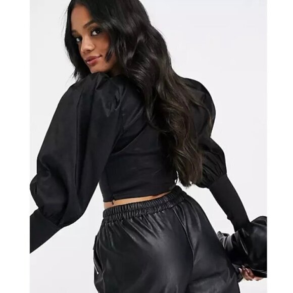 Nwt - Asos Design Naanaa Sweetheart Puff Sleeve Crop Top In Black. Size: 4 (Us) - Picture 3 of 16
